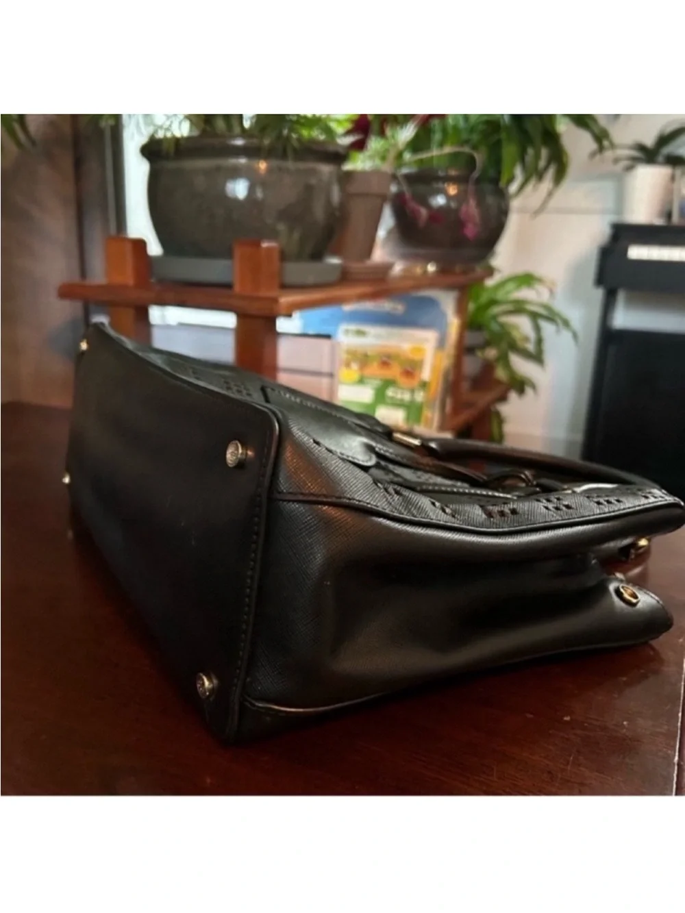 Tory Burch Black Perforated Leather Tote with Gold Logo